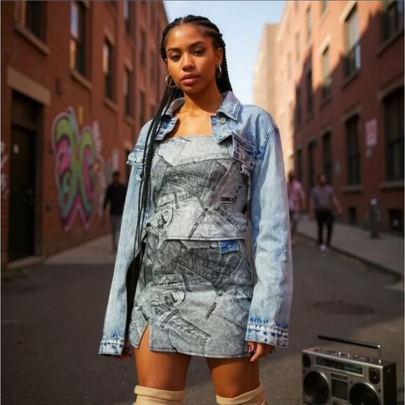 Y2K Denim Patchwork Halter Crop Top by Zemeta – Adjustable Tie Edition NWT L - Picture 6 of 6